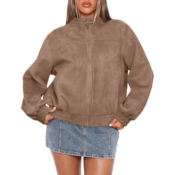 Women's Faux Leather Jacket Oversized Suede Camel Bomber Coat Fall Winter Outfit - Picture 1 of 4